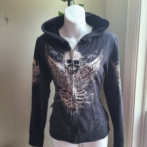 Black Graphic Zip-Up Hoodie with Winged Skull Design